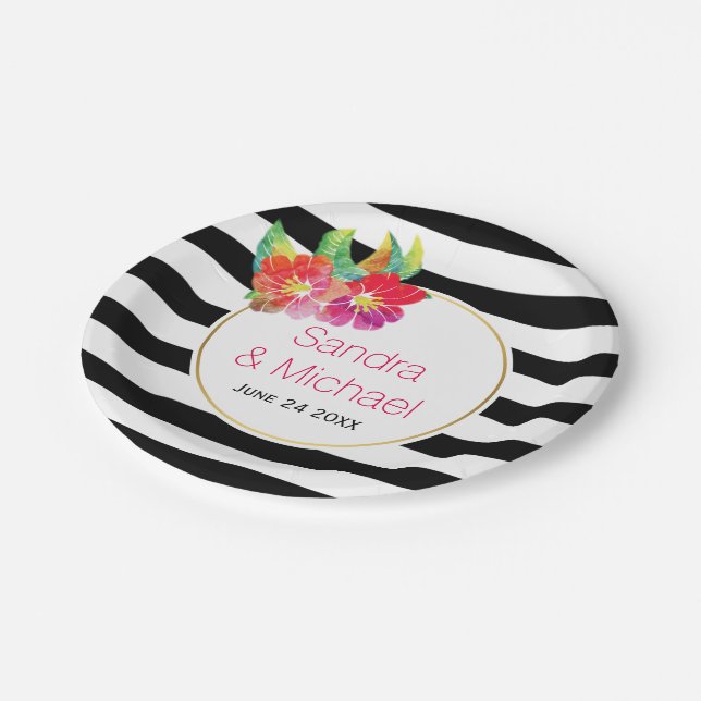 Modern, watercolor flower & stripes floral wedding paper plate (Angled)