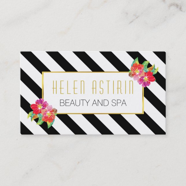 Modern watercolor flowers black and white stripes business card (Front)