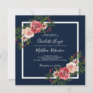 Modern Watercolor Flowers Blue Winter Wedding Invitation
