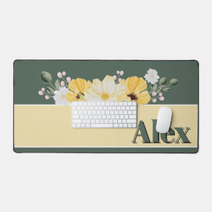 Modern Watercolor Flowers & green Bg Desk Mat