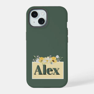 Modern Watercolor Flowers & green Bg iPhone 15 Case