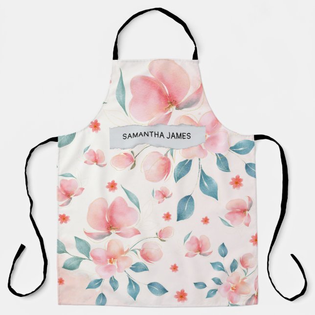 Modern Watercolor Flowers & Kraft Personalised Gif Apron (Front)