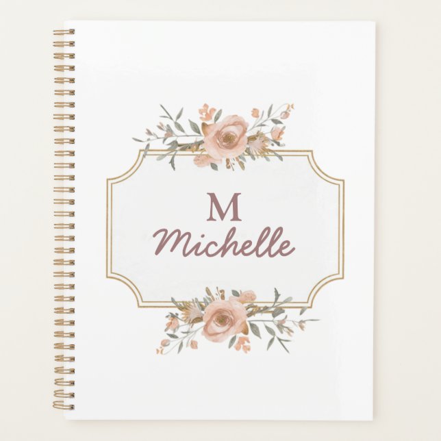 Modern Watercolor flowers Monogram Script Name     Planner (Front)