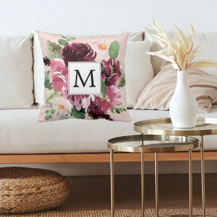 Modern Watercolor Flowers Monogrammed Cushion