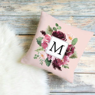 Modern Watercolor Flowers Monogrammed Cushion