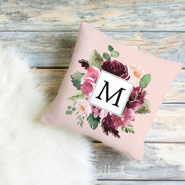 Modern Watercolor Flowers Monogrammed Cushion (Creator Uploaded)