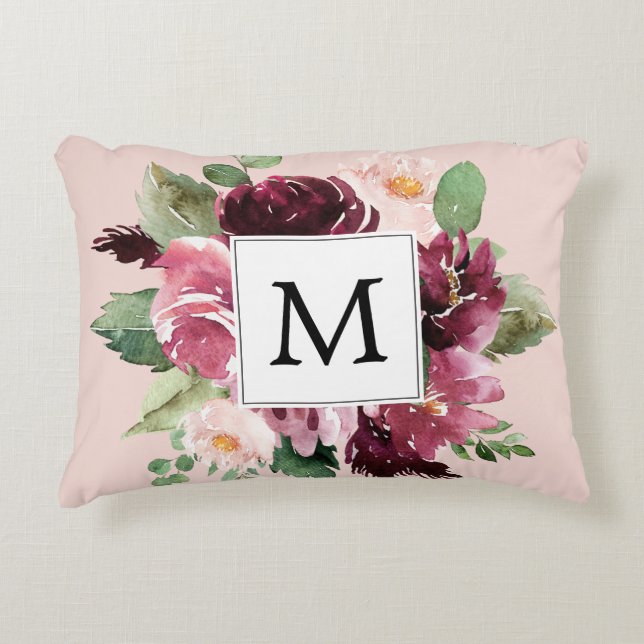 Modern Watercolor Flowers Monogrammed Decorative Cushion (Front)