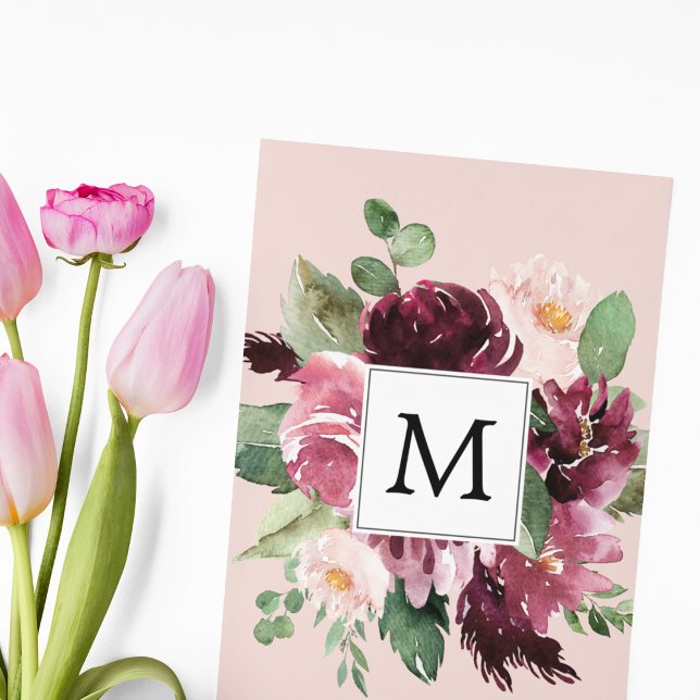 Modern Watercolor Flowers Monogrammed Holiday Card (Creator Uploaded)