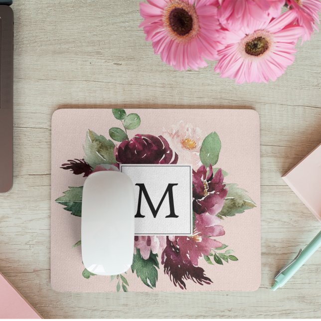 Modern Watercolor Flowers Monogrammed Mouse Pad (Creator Uploaded)