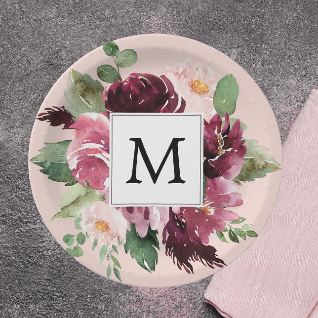 Modern Watercolor Flowers Monogrammed Paper Plate (Creator Uploaded)