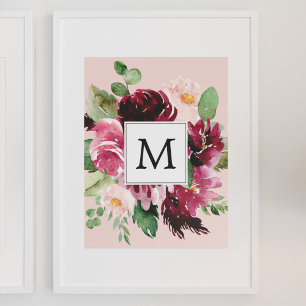 Modern Watercolor Flowers Monogrammed Poster
