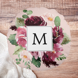 Modern Watercolor Flowers Monogrammed Round Cushion