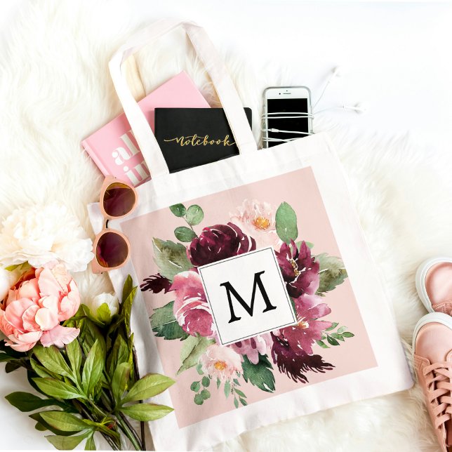 Modern Watercolor Flowers Monogrammed Tote Bag (Creator Uploaded)