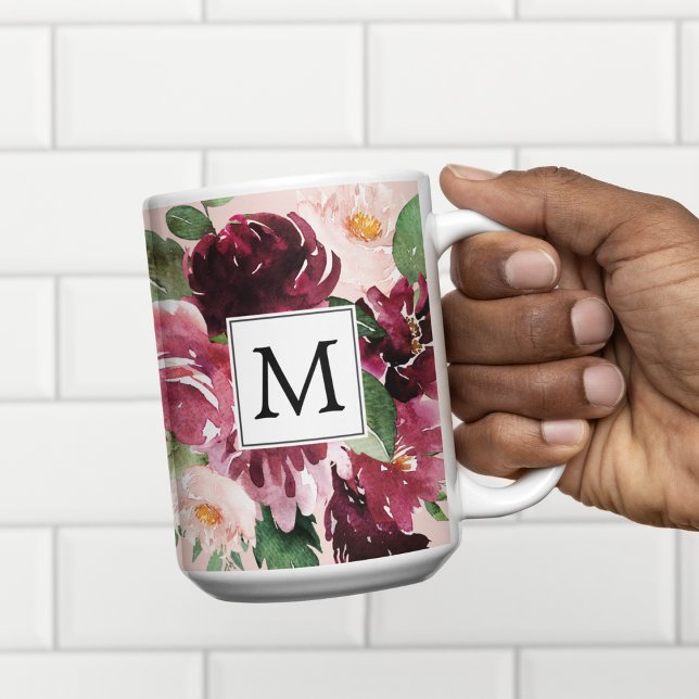 Modern Watercolor Flowers Monogrammed Two-Tone Coffee Mug (Creator Uploaded)