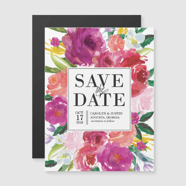 Modern Watercolor Flowers Save the Date Magnet (Front/Back)