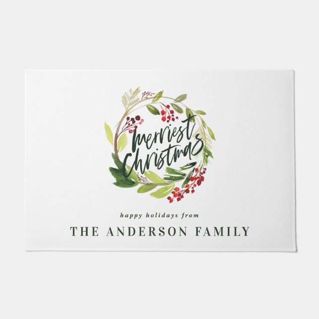 Modern watercolor foliage chic elegant holiday doormat (Front)