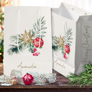 Modern Watercolor Foliage Name Merry Christmas Med Medium Gift Bag