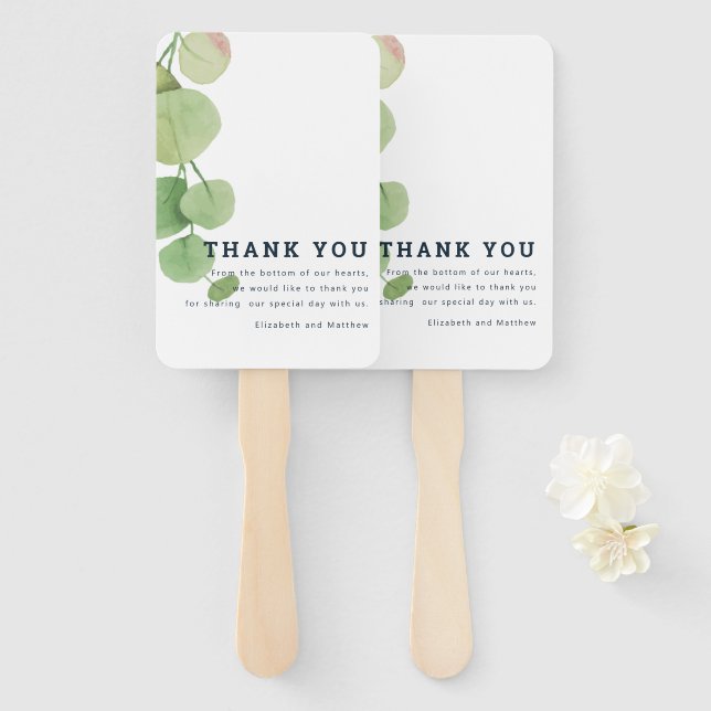 Modern Watercolor Foliage Wedding Thank You Hand Fan (Front and Back)