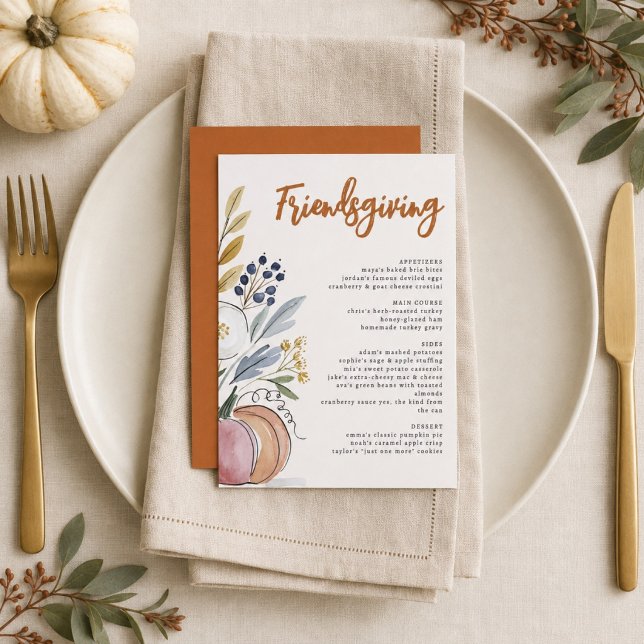 Modern Watercolor Friendsgiving Potluck Dinner Menu (Creator Uploaded)