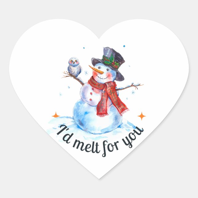 Modern Watercolor Funny Cute Christmas Snowman  Heart Sticker (Front)