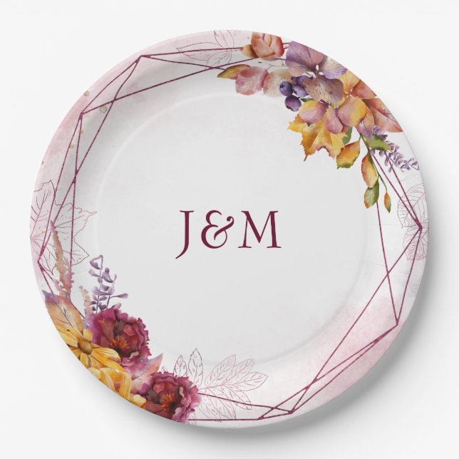 Modern Watercolor Geometric Fall Bouquet Wedding Paper Plate (Front)