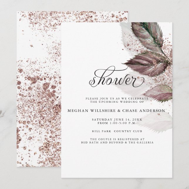 Modern Watercolor Glitter Foliage BarefootBride™ Invitation (Front/Back)