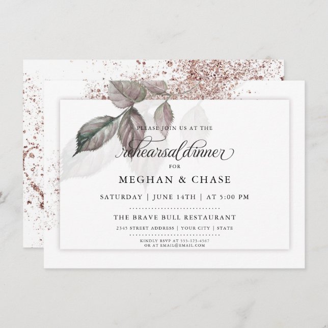 Modern Watercolor Glitter Foliage  BarefootBride™ Invitation (Front/Back)