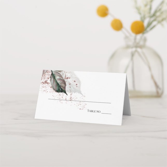Modern Watercolor Glitter Foliage  BarefootBride™ Place Card (Front)