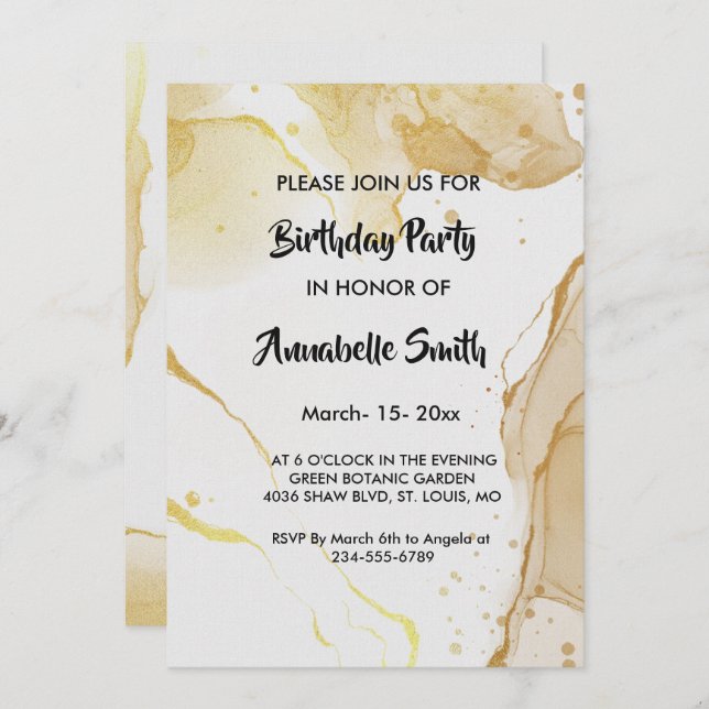 Modern Watercolor Gold  Birthday Invitation (Front/Back)