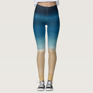 Modern Watercolor Gold Blue Beach Leggings
