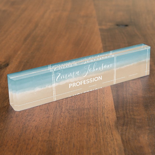 Modern Watercolor Gold Blue Beach Nameplate (Side)