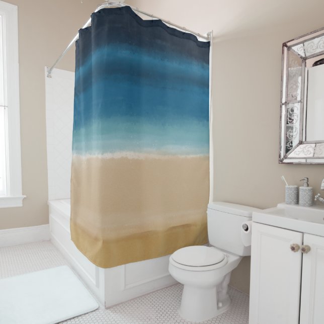 Modern Watercolor Gold Blue Beach Shower Curtain (In Situ)