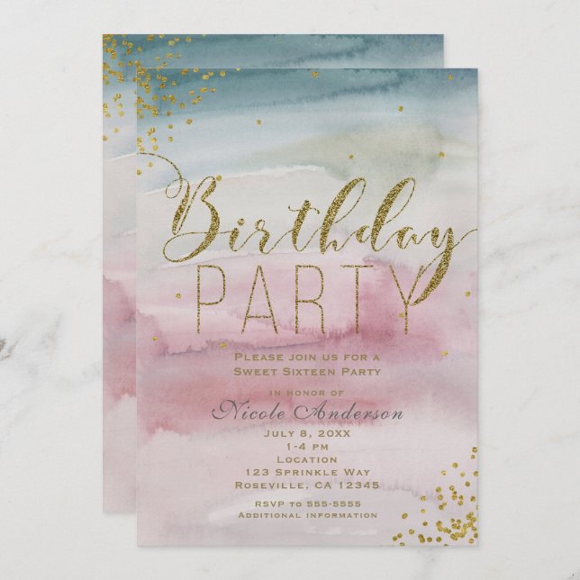 Modern Watercolor Gold Confetti Birthday Party Invitation (Front/Back)