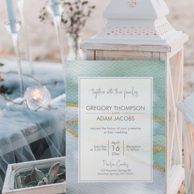 Modern Watercolor Gold Glitter Faultline Wedding Invitation (Creator Uploaded)