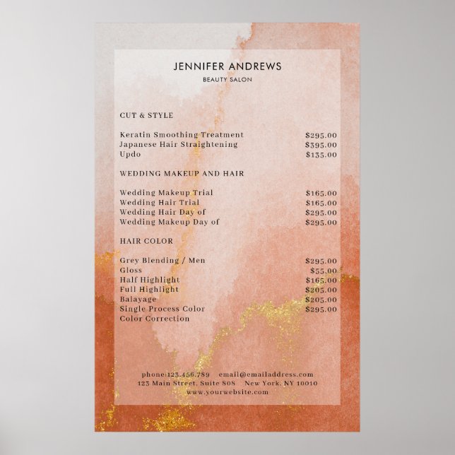 Modern Watercolor Gold Salon Price List Poster (Front)