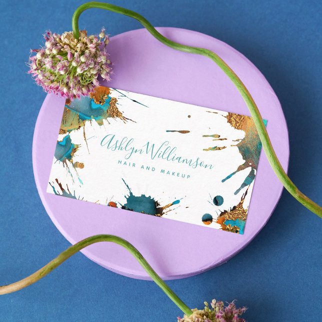 Modern watercolor gold turquoise orange splatter business card (Creator Uploaded)