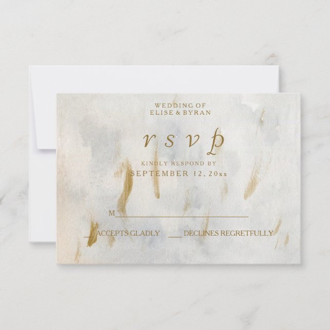 Modern Watercolor Gold White Marble Wedding RSVP Card (Front)