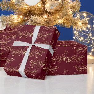 Modern Watercolor Golden Christmas Holly Red Wrapping Paper