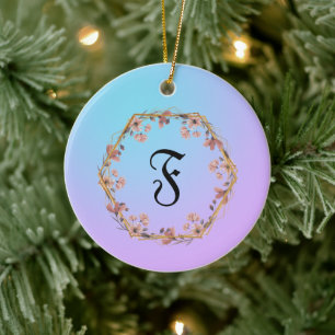  Modern watercolor gradient  flowers Monogram Name Ceramic Tree Decoration