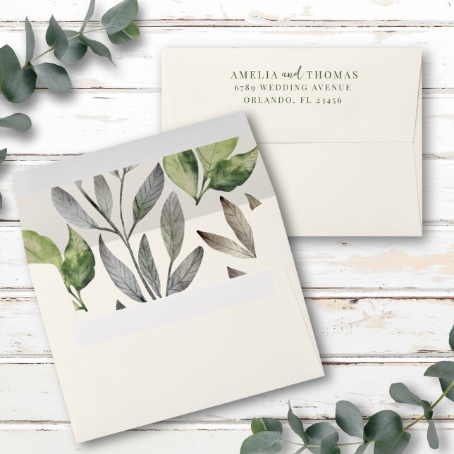 Modern Watercolor Green Botanical Wedding Envelope (Creator Uploaded)