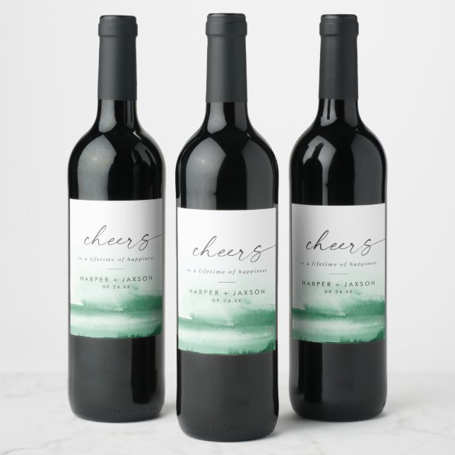 Modern Watercolor | Green Cheers Wedding Wine Label (Bottles)