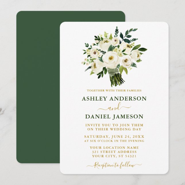 Modern Watercolor Green Floral Gold Wedding Invitation (Front/Back)