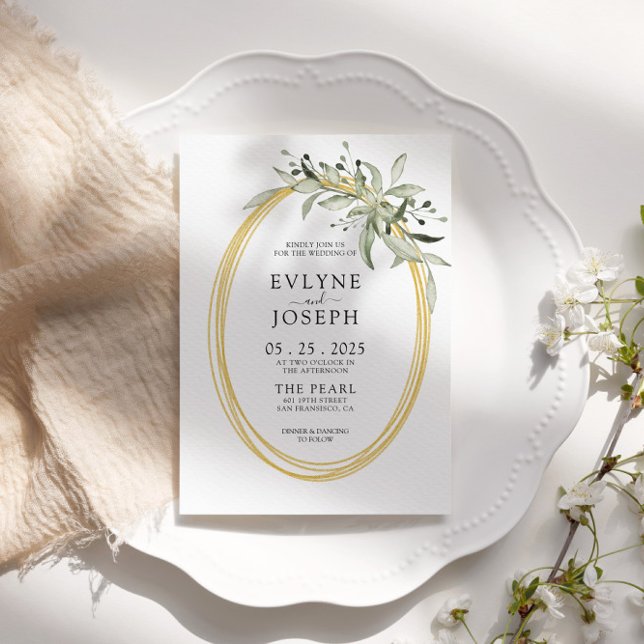 Modern Watercolor Green Gold Eucalyptus Wedding Invitation (Creator Uploaded)