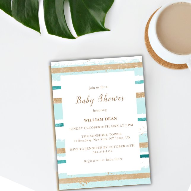 Modern Watercolor Green Gold Stripe Baby Shower Invitation (Modern Watercolor Green Gold Stripe Baby Shower Invitation)