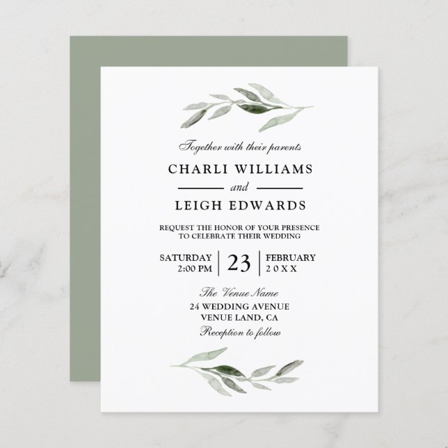 Modern Watercolor Green Leaf Budget Wedding Invite (Front/Back)