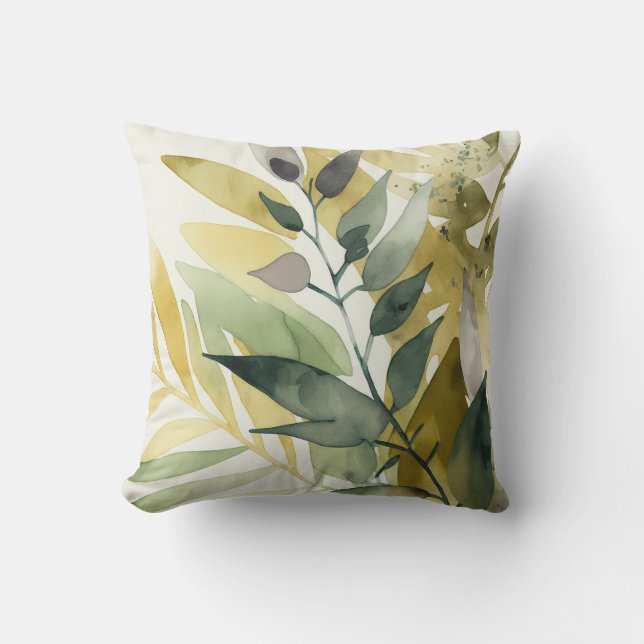 Modern Watercolor Green Leaf Pattern Cushion (Front)