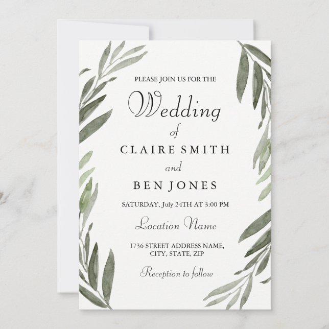 Modern Watercolor Green Leaf Wedding Invitation (Front)