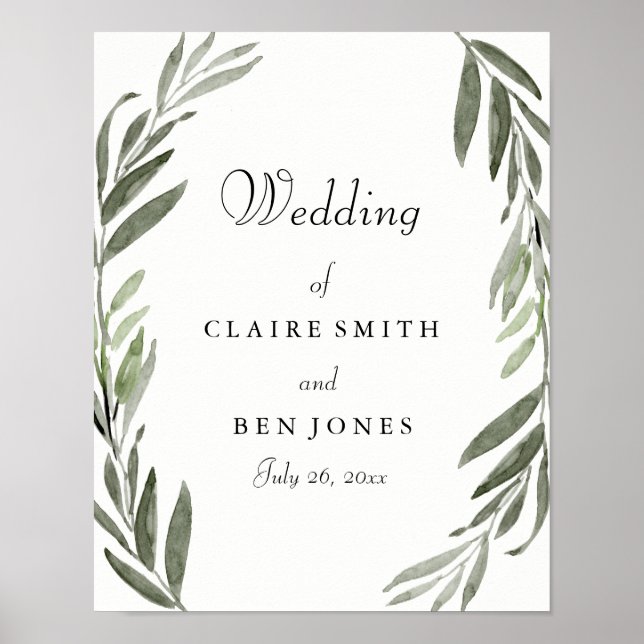 Modern Watercolor Green Leaf Wedding Poster (Front)