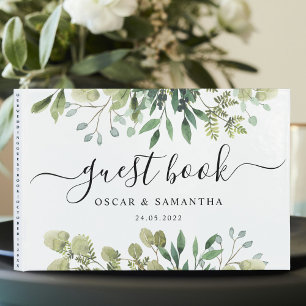 Modern Watercolor Green Leaves Branch Guest Book