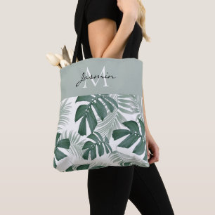 Modern Watercolor Green Monstera Leaves Monogram Tote Bag
